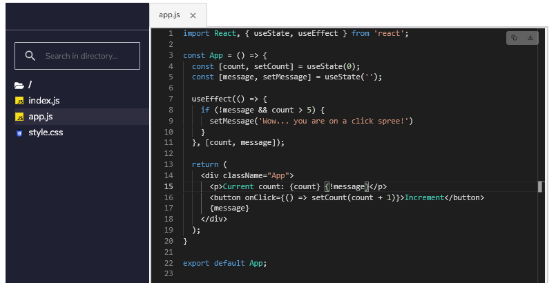 React counter increment and decrement  with  message when greater than 5 using functional component with hooks